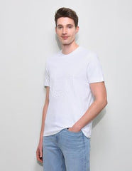 U.S. Polo Association men's embossed slim fit T-shirt in black, featuring textured branding and a classic crew neck style.