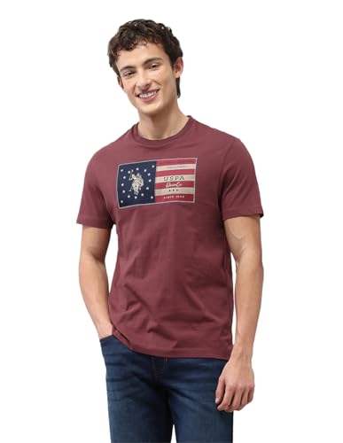 U.S. Polo Assn. Denim Co. Men's Graphic Brand Printed Slim Fit T-Shirt (UDTSH4052_Dark Pink_L)