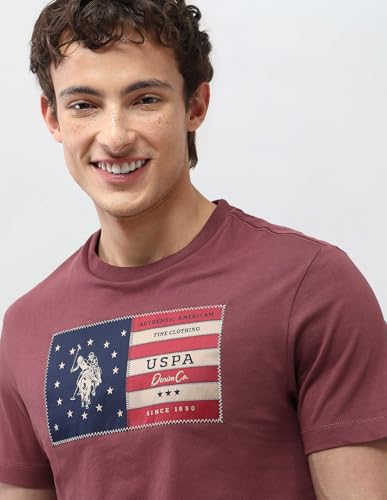 U.S. Polo Assn. Denim Co. Men's Graphic Brand Printed Slim Fit T-Shirt (UDTSH4052_Dark Pink_L)