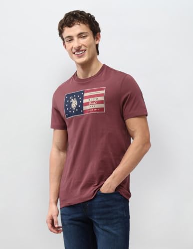 U.S. Polo Assn. Denim Co. Men's Graphic Brand Printed Slim Fit T-Shirt (UDTSH4052_Dark Pink_L)