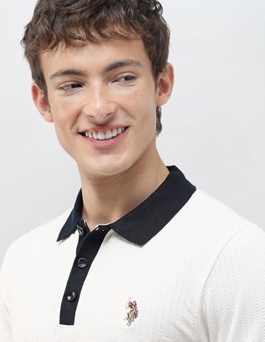 U.S. Polo Assn. Denim Co. Men's Textured Slim Fit Polo Shirt (UDTSH4099_Ivory_L)