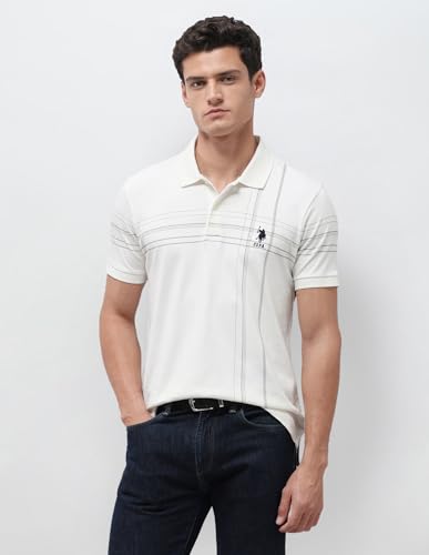 U.S.Polo Association Men's Vertical Striped Slim Fit Polo Shirt (USTSH3454_Off White_L)