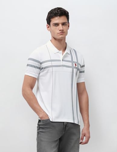 U.S. Polo Association men's white vertical striped slim fit polo shirt, long sleeve, front view, 3XL size.