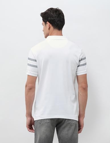 U.S. Polo Association men's white vertical striped slim fit polo shirt, short sleeve, casual T-shirt style.