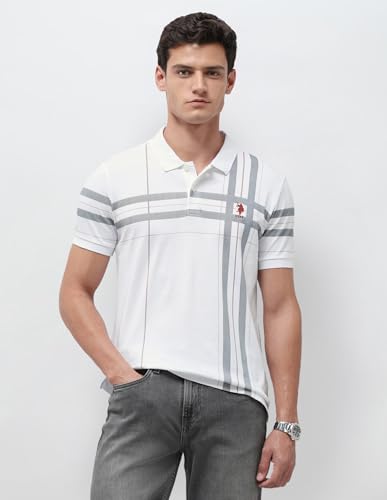 U.S.Polo Association men's vertical striped slim fit polo shirt in white, featuring a classic collar and short sleeves.