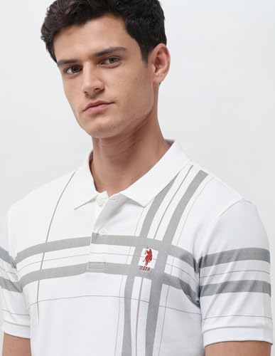 U.S.Polo Association men's white vertical striped slim fit polo shirt with a classic collar and short sleeves.