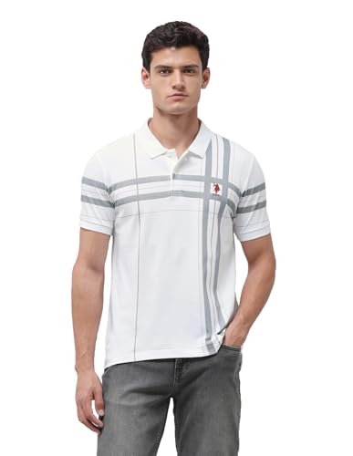 U.S. Polo Association men's vertical striped slim fit polo shirt in white, 3XL size, with short sleeves and classic collar.