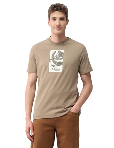 Beige U.S. Polo Assn. Denim Co. men's graphic embossed slim fit T-shirt with long sleeves and brand logo detail.