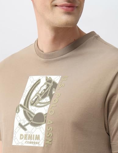 Beige U.S. Polo Assn. Denim Co. men's graphic embossed slim fit T-shirt with long sleeves, displayed flat.