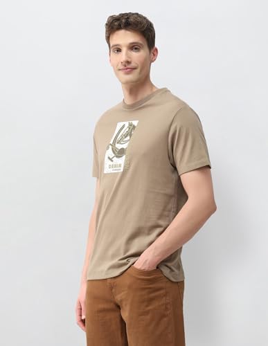 U.S. Polo Assn. Denim Co. men's beige graphic embossed slim fit long sleeve T-shirt, casual upper wear with brand logo detail.