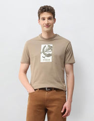 U.S. Polo Assn. Men's beige slim fit graphic T-shirt with embossed logo, long sleeve, casual style, cotton fabric.