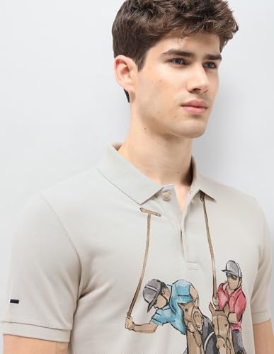 U.S. Polo Assn. Denim Co. men's beige graphic printed muscle fit polo shirt with short sleeves and brand logo on chest.