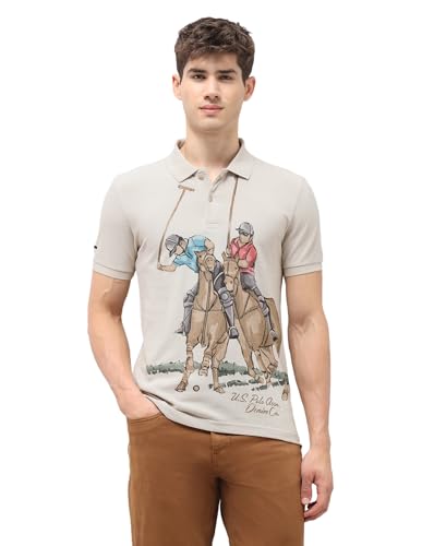 U.S. Polo Assn. Denim Co. men's beige graphic printed muscle fit polo shirt, long sleeve, casual upper wear, front view.