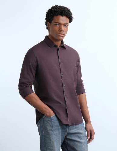 Flying Machine Deep Purple Solid Cotton Regular Fit Men's Shirt