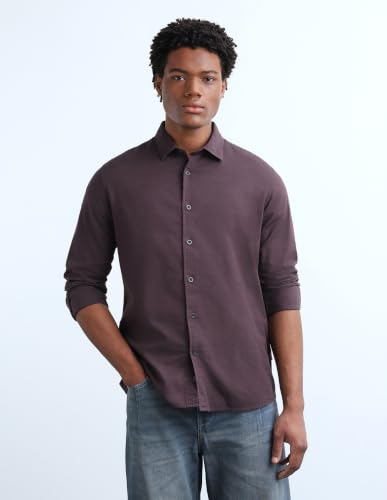 Flying Machine Deep Purple Solid Cotton Regular Fit Men's Shirt