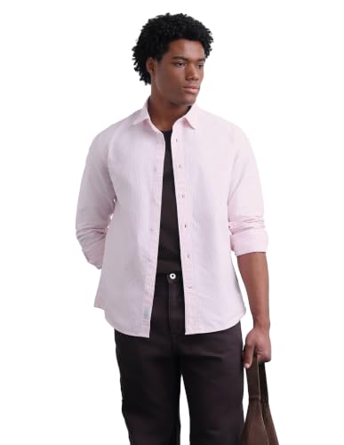 Flying Machine Men Pink Cotton Oxford Vertical Striped Regular Fit Men's Shirt