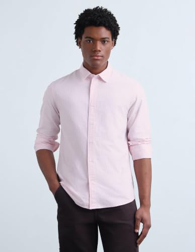 Flying Machine Men Pink Cotton Oxford Vertical Striped Regular Fit Men's Shirt