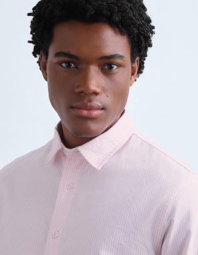 Flying Machine Men Pink Cotton Oxford Vertical Striped Regular Fit Men's Shirt