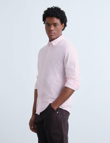 Flying Machine Men Pink Cotton Oxford Vertical Striped Regular Fit Men's Shirt