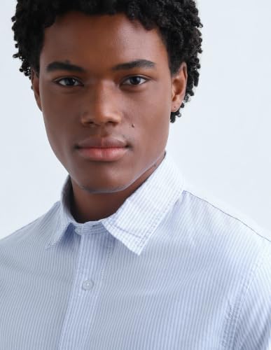 Flying Machine Blue Striped Oxford Regular Fit Men's Shirt