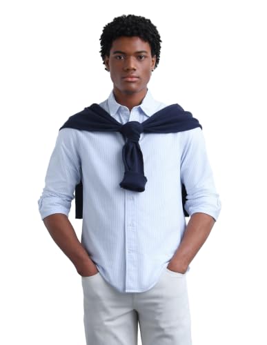 Flying Machine Blue Striped Oxford Regular Fit Men's Shirt