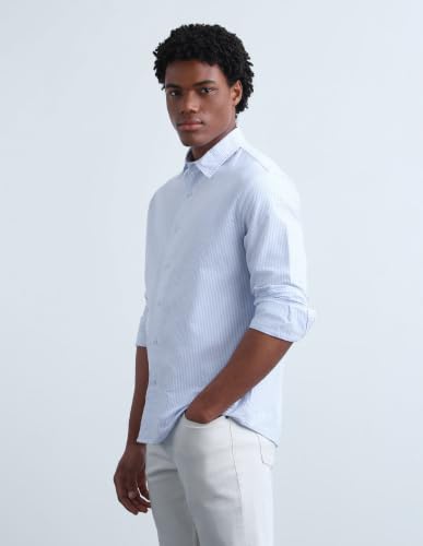 Flying Machine Blue Striped Oxford Regular Fit Men's Shirt