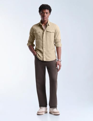 Flying Machine Beige Solid Twill Relaxed Fit Men's Shirt