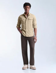 Flying Machine Beige Solid Twill Relaxed Fit Men's Shirt