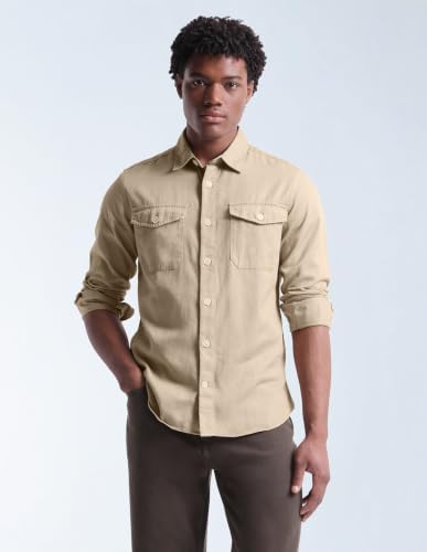 Flying Machine Beige Solid Twill Relaxed Fit Men's Shirt