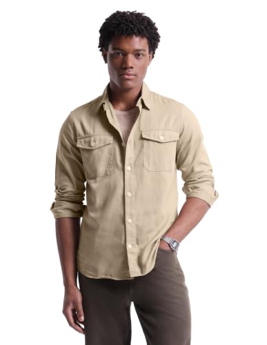 Flying Machine Beige Solid Twill Relaxed Fit Men's Shirt