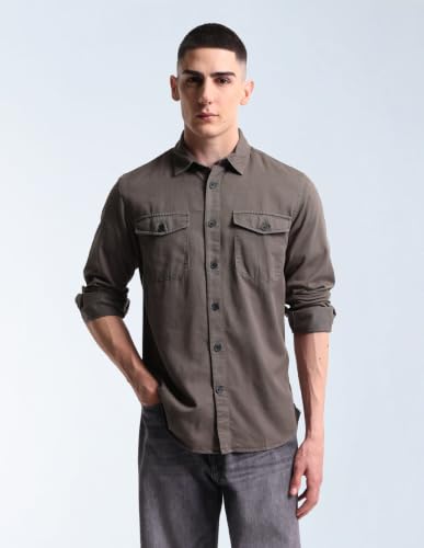 Flying Machine Grey Solid Twill Relaxed Fit Men's Shirt