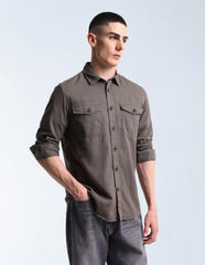 Flying Machine Grey Solid Twill Relaxed Fit Men's Shirt