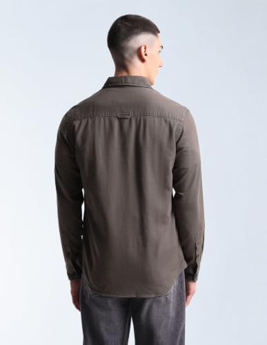 Flying Machine Grey Solid Twill Relaxed Fit Men's Shirt