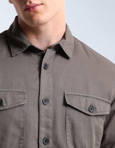 Flying Machine Grey Solid Twill Relaxed Fit Men's Shirt