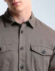 Flying Machine Grey Solid Twill Relaxed Fit Men's Shirt