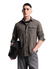Flying Machine Grey Solid Twill Relaxed Fit Men's Shirt