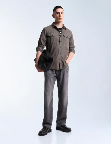 Flying Machine Grey Solid Twill Relaxed Fit Men's Shirt