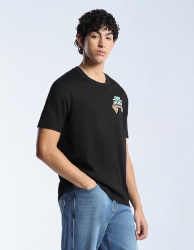 Flying Machine Black Solid Cotton Relaxed Fit Men's T-Shirt
