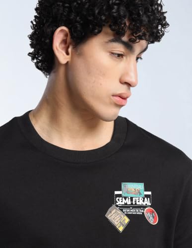 Flying Machine Black Solid Cotton Relaxed Fit Men's T-Shirt
