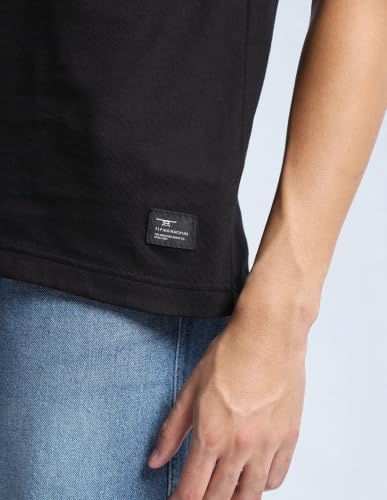 Flying Machine Black Solid Cotton Relaxed Fit Men's T-Shirt
