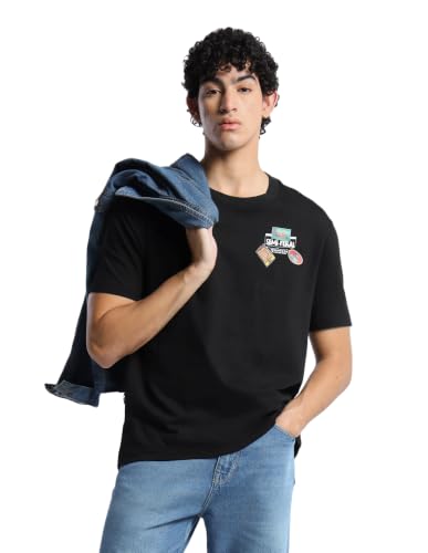 Flying Machine Black Solid Cotton Relaxed Fit Men's T-Shirt