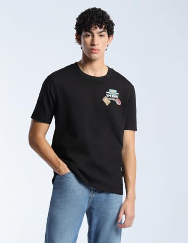 Flying Machine Black Solid Cotton Relaxed Fit Men's T-Shirt