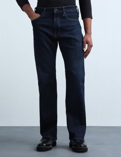 Flying Machine Dark Blue Solid Cotton Blend Bootcut Fit Men's Jeans