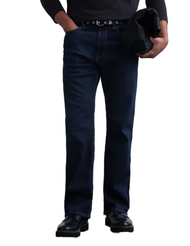 Flying Machine Dark Blue Solid Cotton Blend Bootcut Fit Men's Jeans