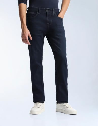Flying Machine Dark Blue Cotton Blend Straight Fit Men's Jeans