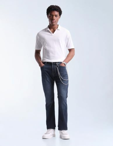 Flying Machine Dark Blue Solid Cotton Blend Straight Fit Men's Jeans