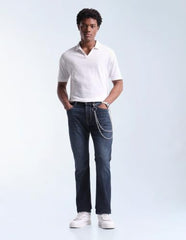 Flying Machine Dark Blue Solid Cotton Blend Straight Fit Men's Jeans