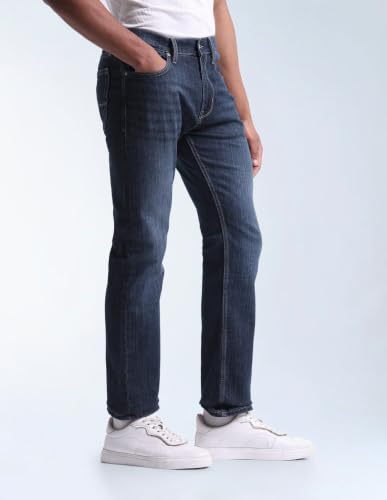 Flying Machine Dark Blue Solid Cotton Blend Straight Fit Men's Jeans