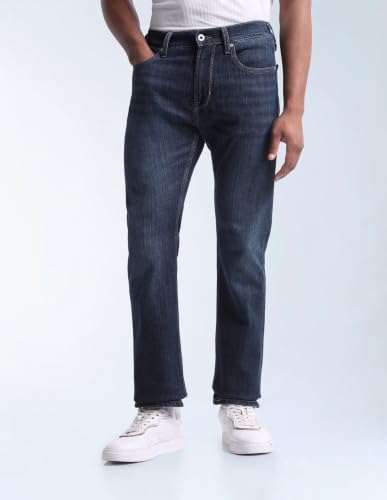 Flying Machine Dark Blue Solid Cotton Blend Straight Fit Men's Jeans