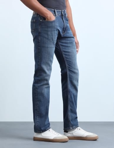Flying Machine Blue Solid Cotton Blend Straight Fit Men's Jeans
